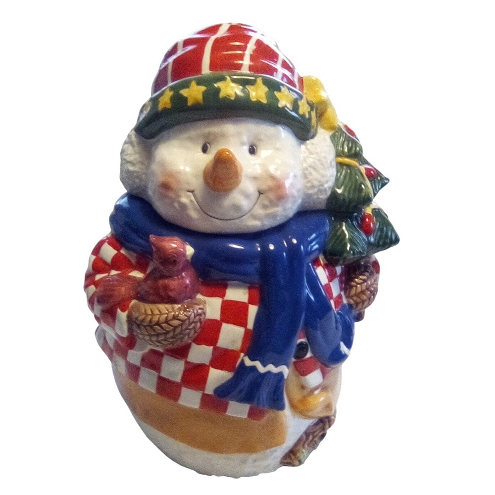 Snowman Cookie Jar with Cardinal & Christmas Tree Festive Decor (11.5in t